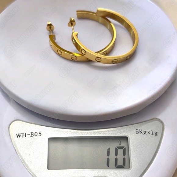 Gold Screw Design Hoop Earrings - Picture 4 of 5